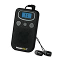 Silver personal voice enhancer hearing aid with digital display resembling handheld FM radio