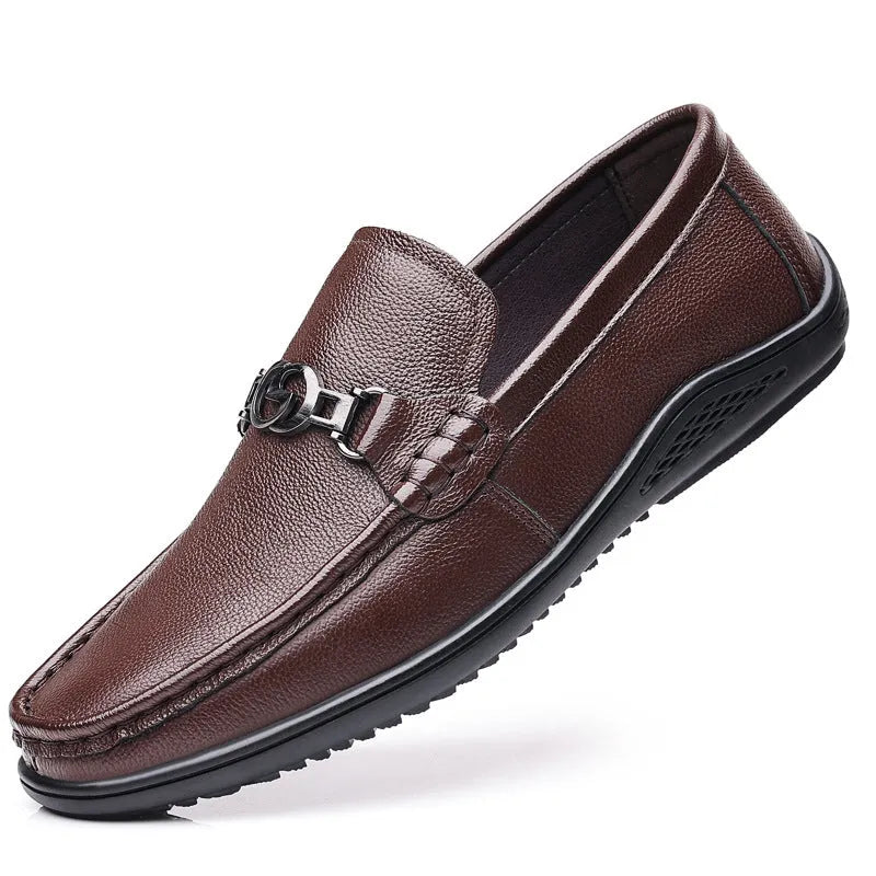 Men's leather casual shoes with rubber sole, round toe, breathable design, black or brown, sizes 38 to 48