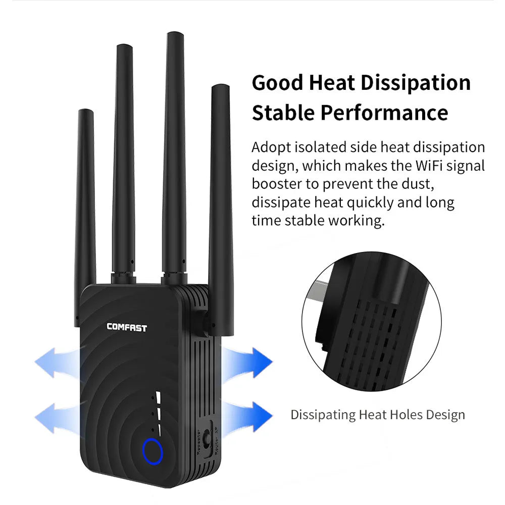 Dual-band AC1200 wireless relay router with four 3dBi antennas, four RJ-45 ports, black or white