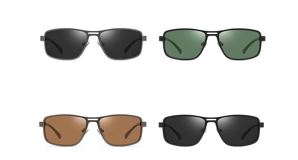 Men's polarized sunglasses with TR90 frame, TAC lenses, UV400 protection, available in black, green, gun colour, and tea.