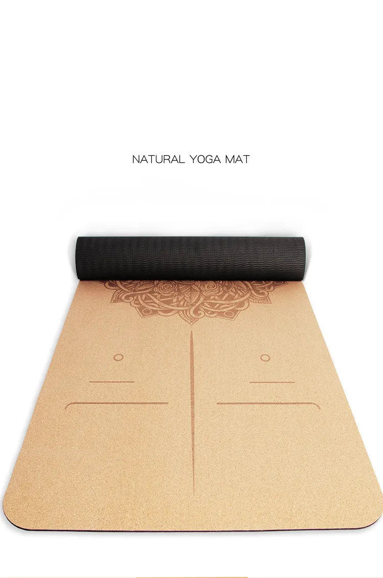 Cork yoga mat 183cm x 66cm x 6mm with black cork surface and TPE bottom layer.