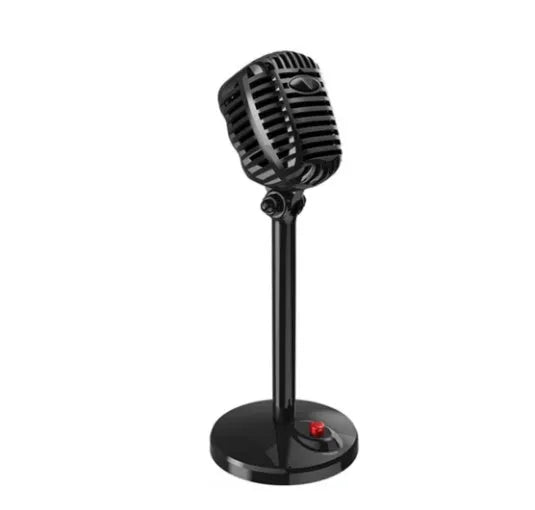 Black USB computer microphone on an adjustable desk stand with a weighted base.