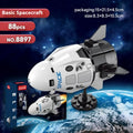 Colour box packaging of space rocket building blocks featuring space station, starship, Apollo 5, Falcon Heavy rocket, and dragon flying ship sets