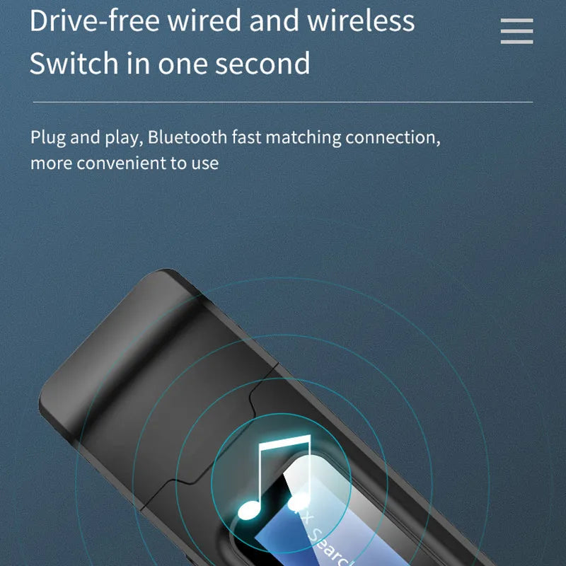 Two-in-one Bluetooth adapter in black with screen display and 3.5mm audio input