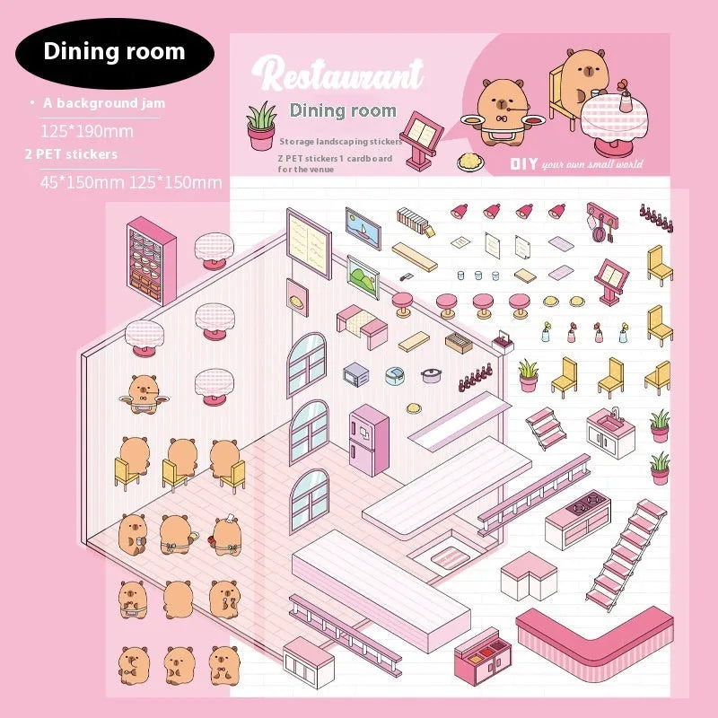 Set of eight colourful Capabala 3D business-themed cartoon stickers including bakery and bookstore designs.