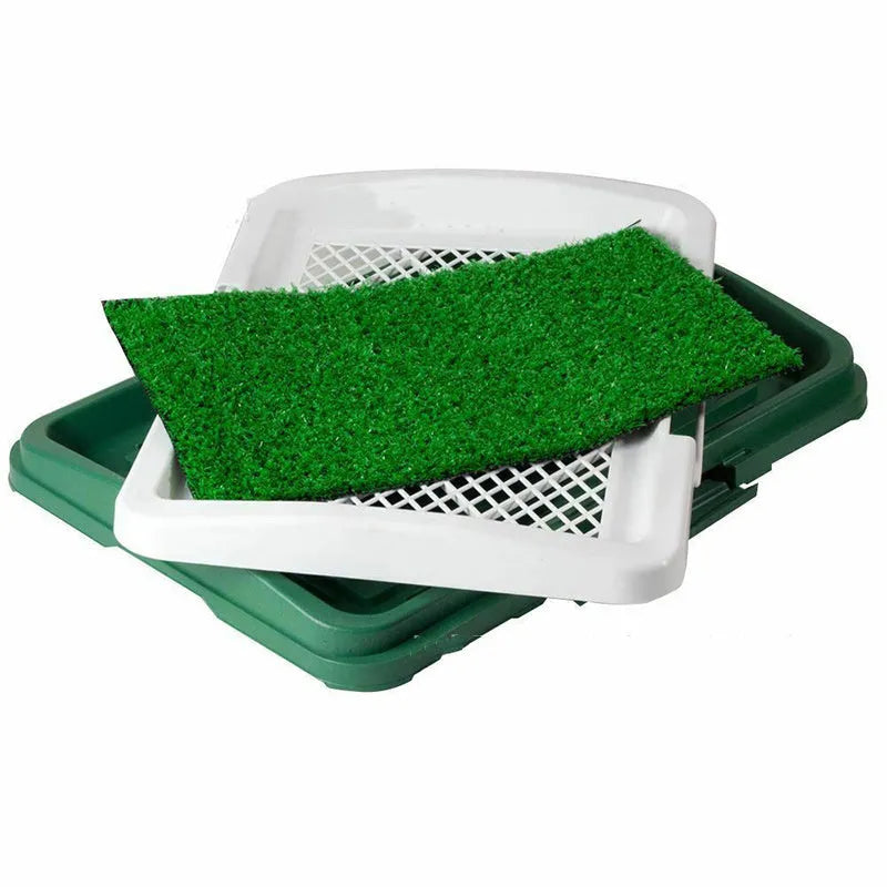 Green dog cleaning tool grid lawn flat toilet with press-button, removable grid, and antibacterial carpet, 46.5x34.5x6.5cm