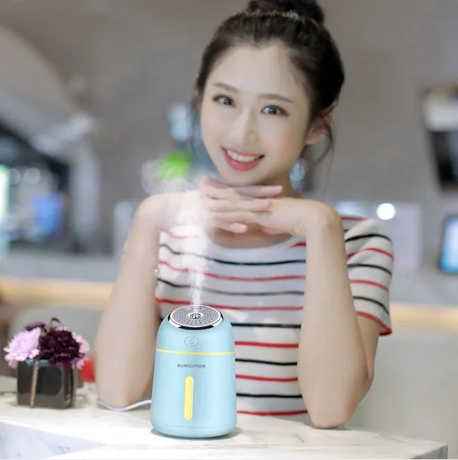 Mini ultrasonic USB humidifier four-in-one with USB mini fan and LED light, 330ml, 139*96*96mm, Blue Pink White