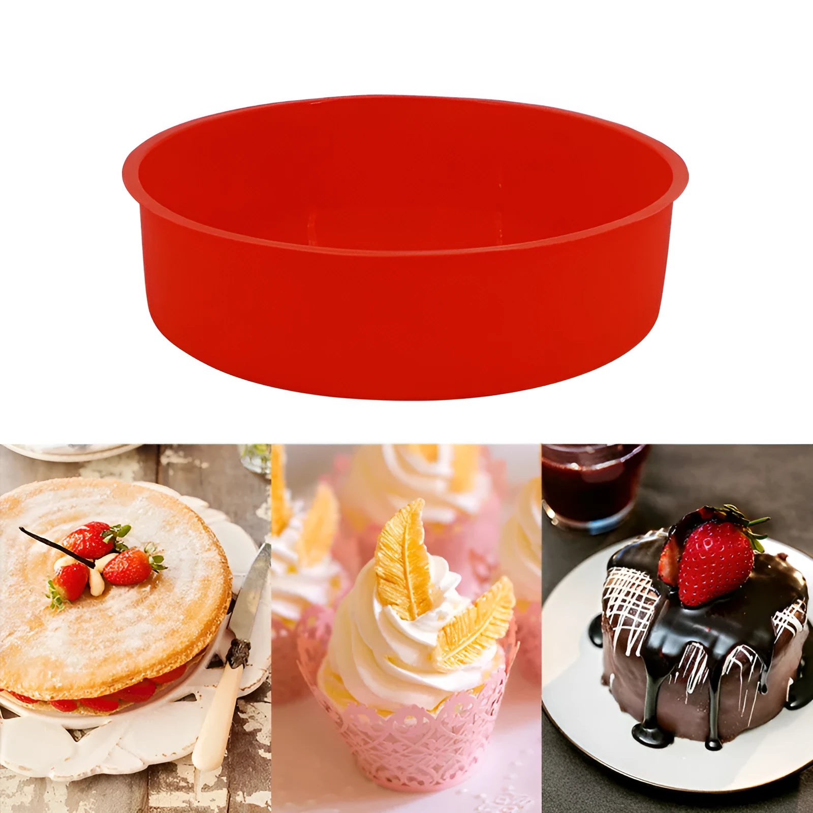 Set of three red round silicone cake baking moulds in 4-inch, 6-inch, and 8-inch sizes.