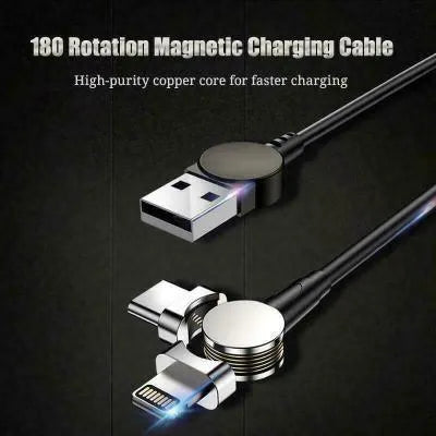 Rotating magnetic three-in-one charging cable with blind magnetic connector in 1m length, black colour, with interchangeable Apple, Type-C, and Android heads