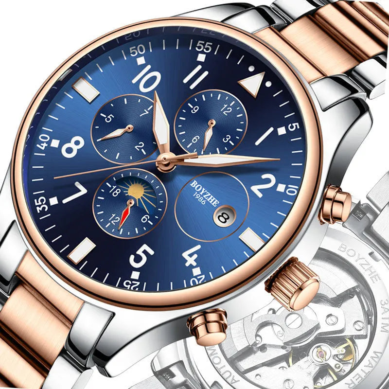 Automatic mechanical watch with steel belt, 40mm metal case, butterfly double button clasp