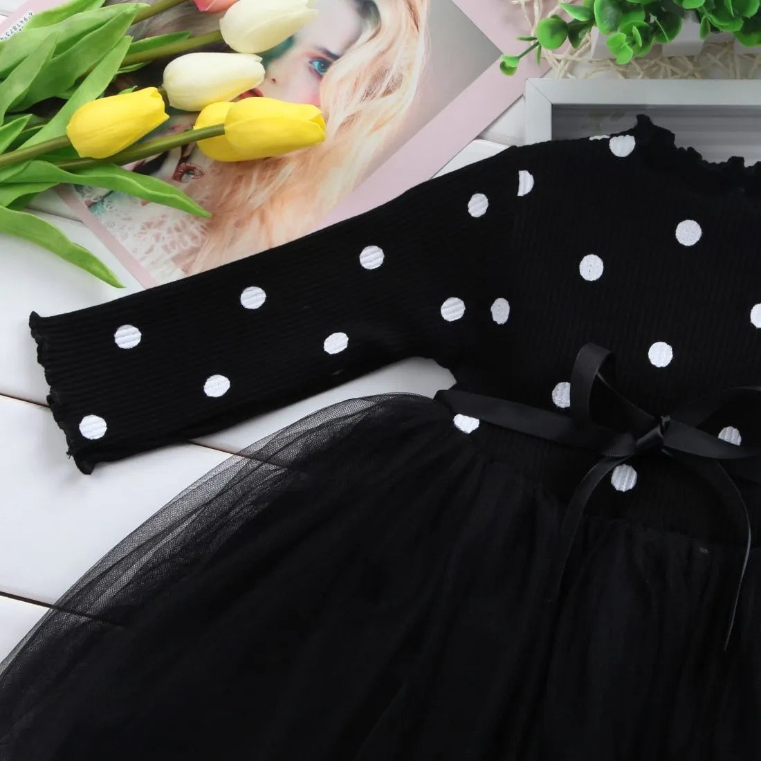 Baby girl long sleeve lace tutu dress in black, pink or white for ages 3-8 years