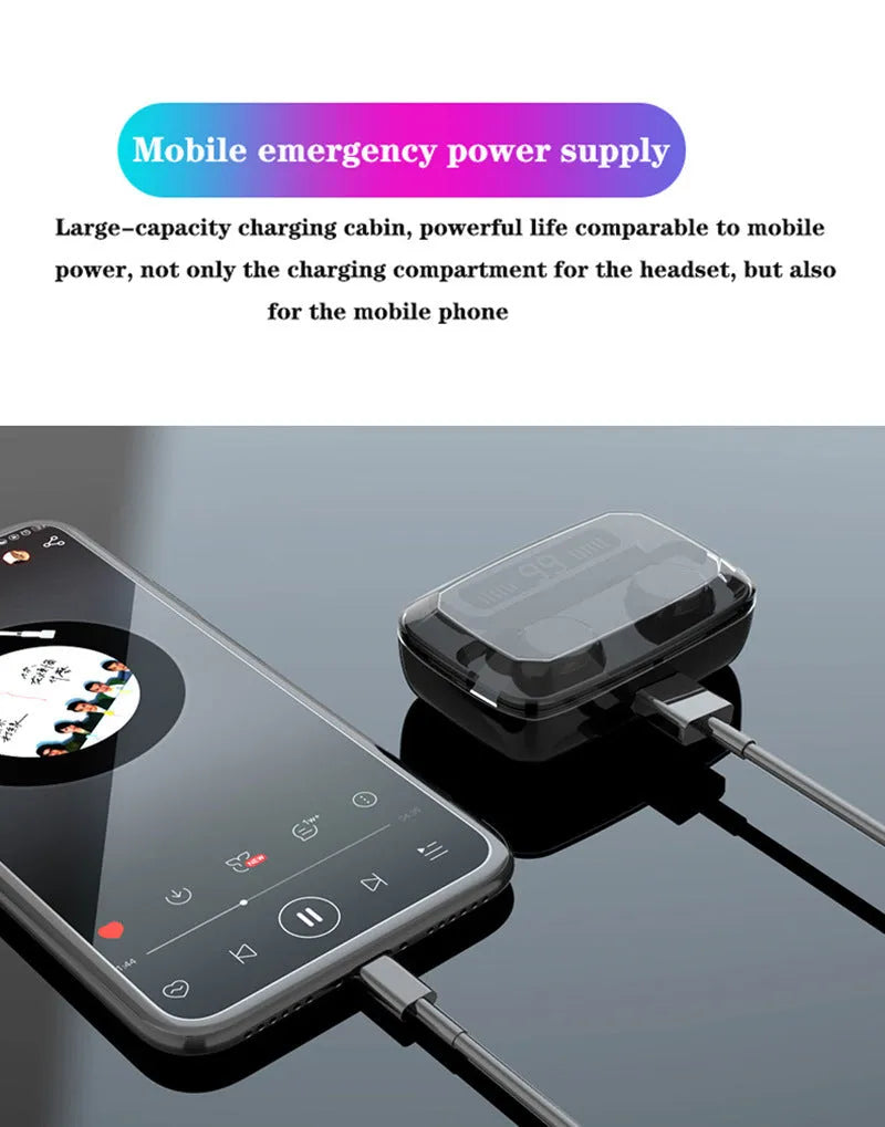 Black M11 Bluetooth wireless headset with digital display and mobile phone holder.