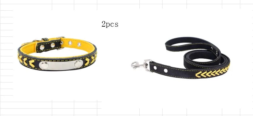 Stainless steel iron dog collar with laser lettering on genuine leather strap, available in blue, pink, purple, red and yellow