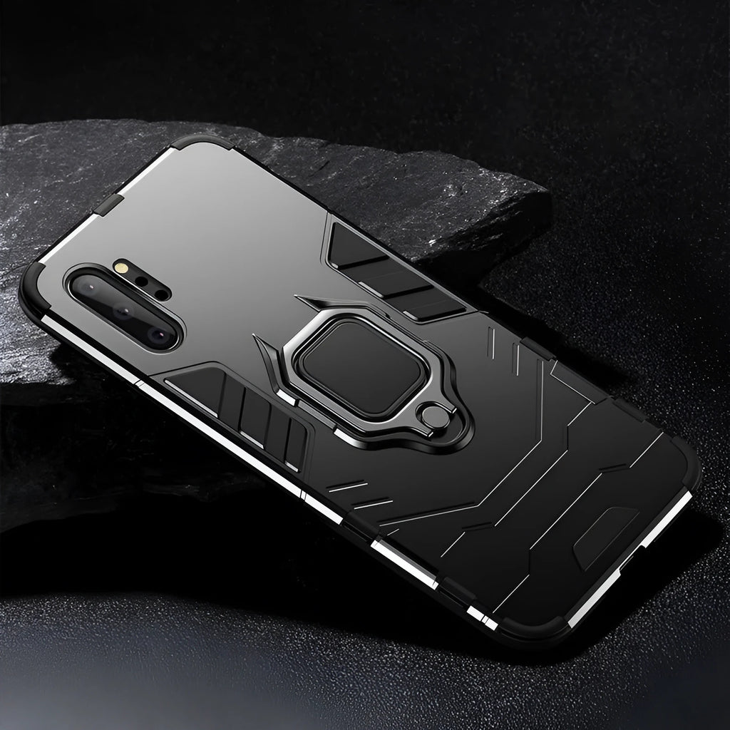 Iron Man magnetic mobile phone case for Samsung in black, blue, and red colours.
