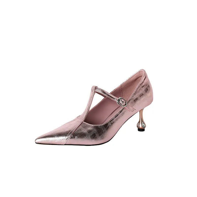 Genuine leather Mary Jane shoes with chunky heel in gun metal and pink colours featuring sheepskin lining