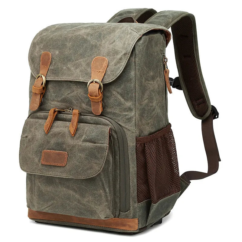 Solid colour canvas DSLR camera backpack in Army Green, shown as a multi-functional storage bag.