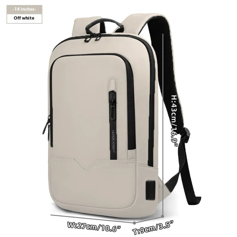 Lightweight solid colour polyester backpack with USB charging port for a laptop.