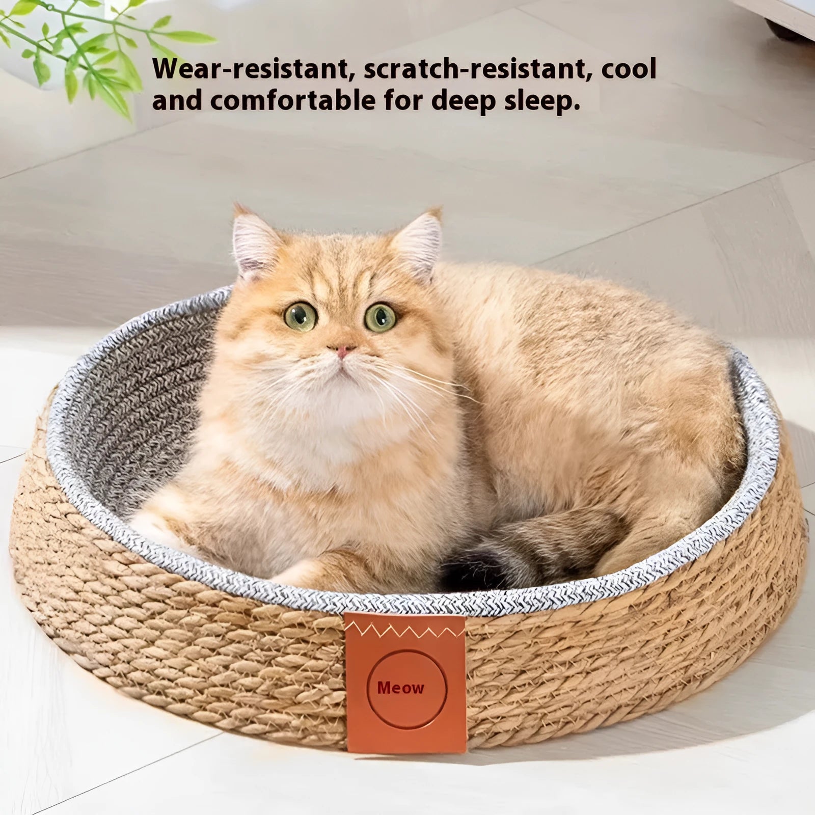 A woven rattan cat nest or pet bed shown in one of the four available sizes.
