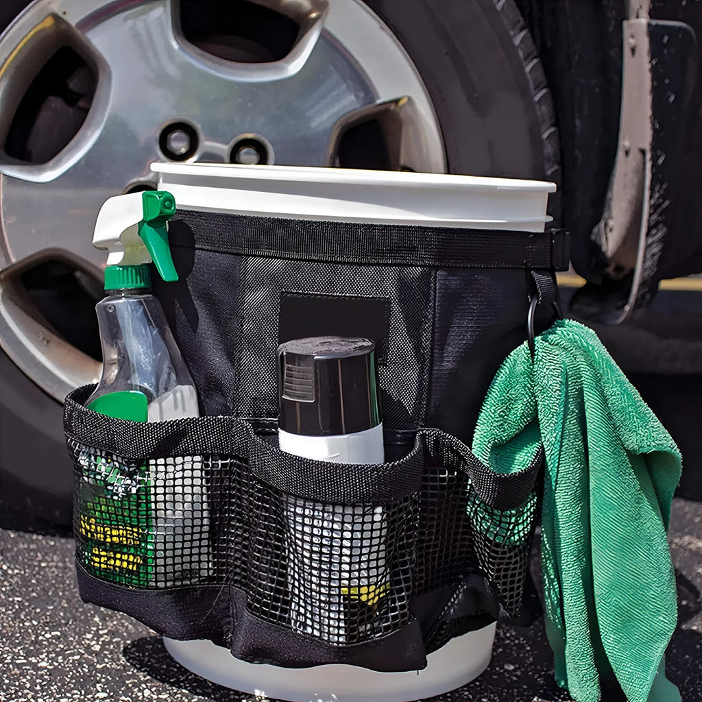 Black cylindrical polyester hanging storage bag designed for a 5-gallon bucket.