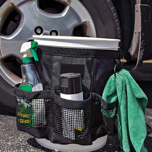 Black cylindrical bucket organiser bag with hanging strap for 5-gallon barrels