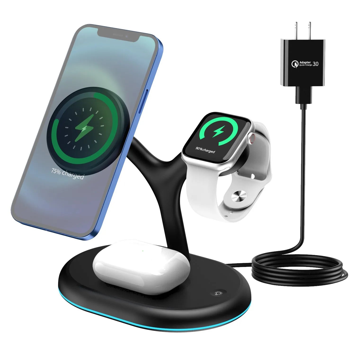 Black three-in-one magnetic wireless charging station for iPhone, AirPods, and Apple Watch on a desk