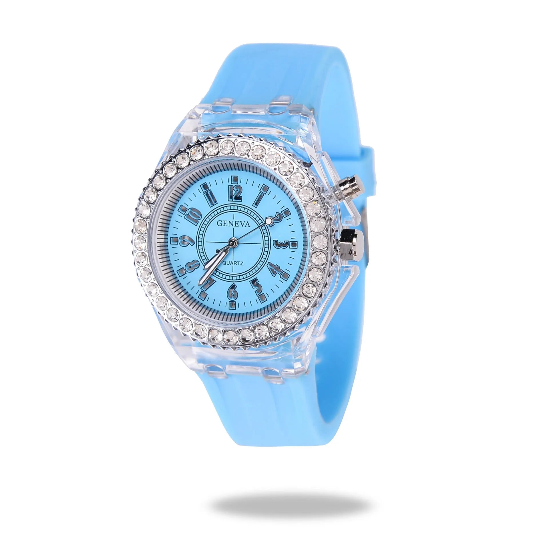 Geneva women’s LED luminous quartz watch with silicone strap, 43mm round alloy case, and pin buckle