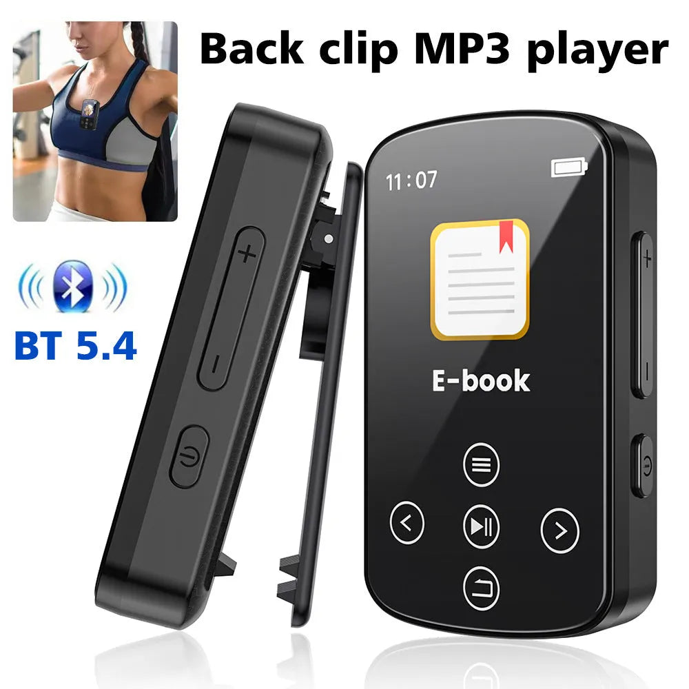 Black Bluetooth music player with 1.5 inch touch screen, buttons, 210 mAh battery, compact 60mm x 35mm x 18mm body