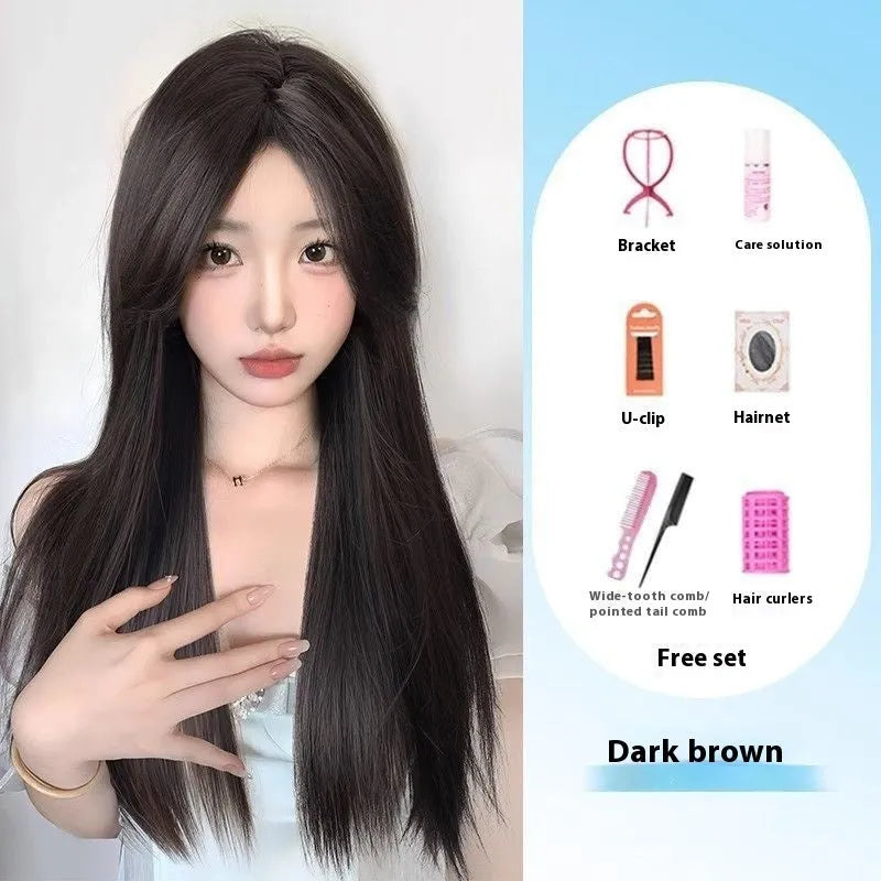 Forehead lace long straight synthetic wig with side bangs in dark brown colour