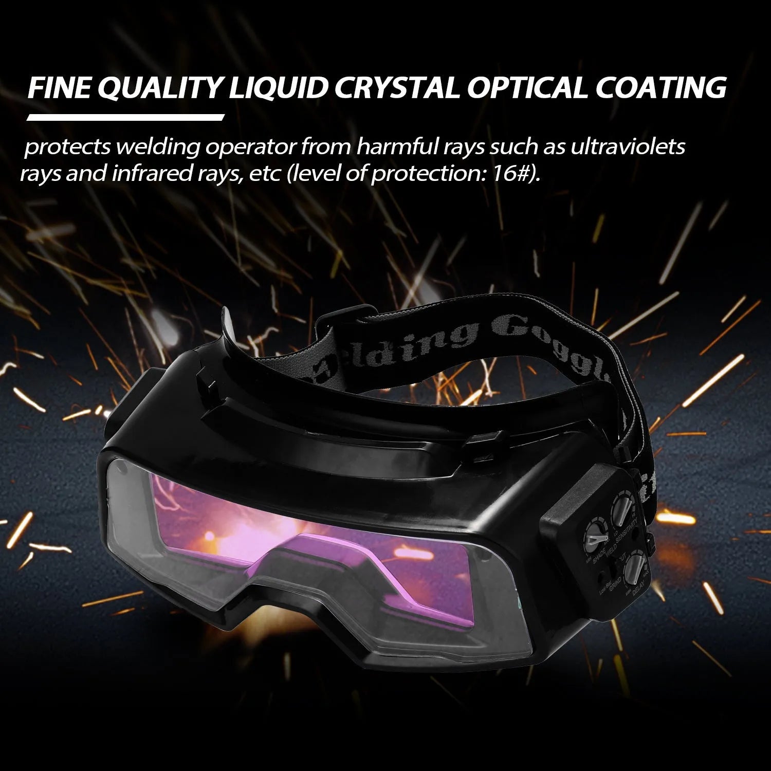 Black automatic darkening welding mask showing the large rectangular viewing lens.