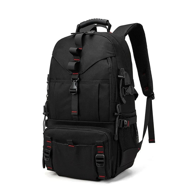 Men's waterproof Oxford cloth hiking backpack showing 56-75L capacity and air pillow belt system in black colour option