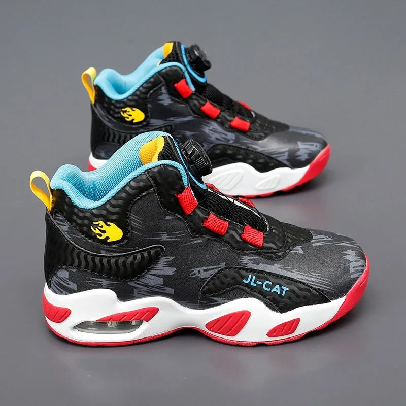 Children's black and coloured rotating button basketball shoes with a PU sole.