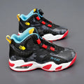 Children's black and coloured rotating button basketball shoes with a PU sole.