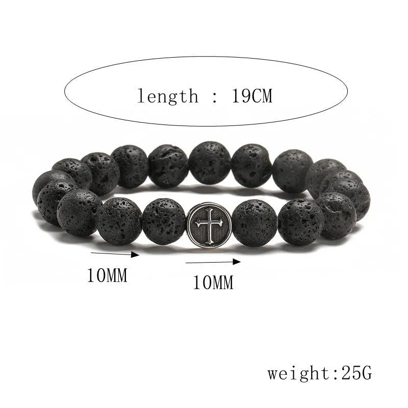 Geometric agate bracelet with volcano-coloured beads and stainless steel elements on a wrist.