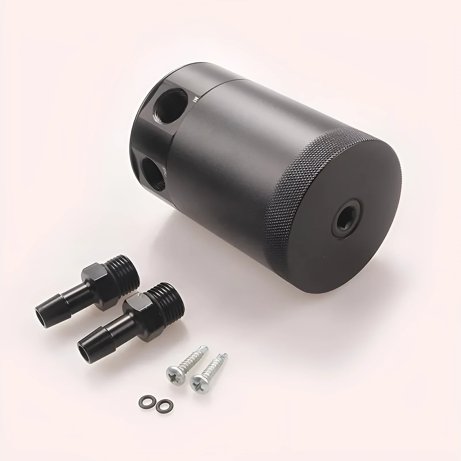 Aluminium automotive oil pot in black or silver with two-hole mounting and optional drain valve