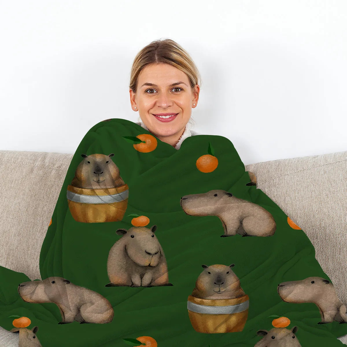 Orange and capybara pattern flannel fleece blanket in multicolour, soft fluffy throw for sofa, bed, camping and office naps
