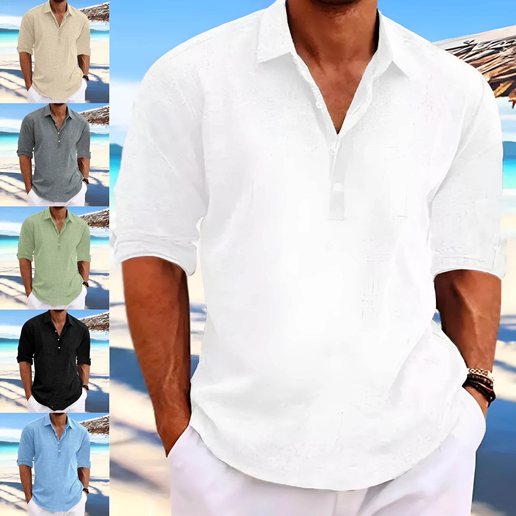 Men's loose-fit solid colour pullover shirt in khaki, front view