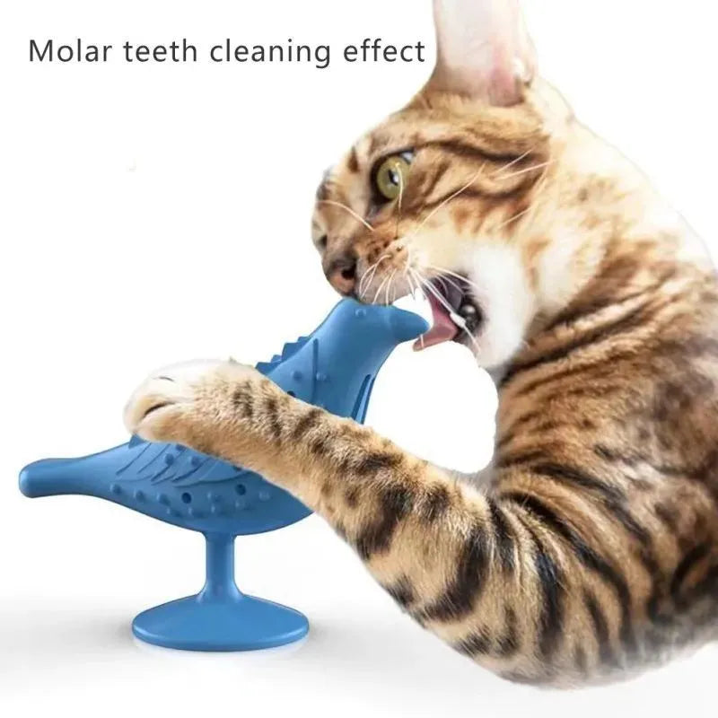 Blue interactive bird shape cat toy with suction cup base on a floor, 12.5x10x5cm