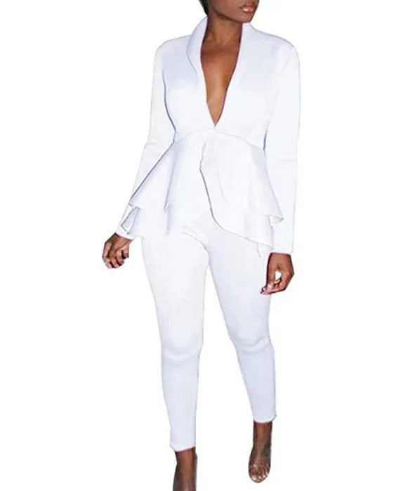 Ruffled sleeve business blazer and pencil trouser uniform set in polyester fabric