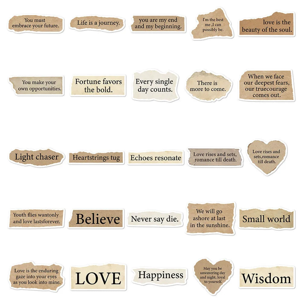 Set of 25 torn English design decorative stickers for laptops and notebooks.