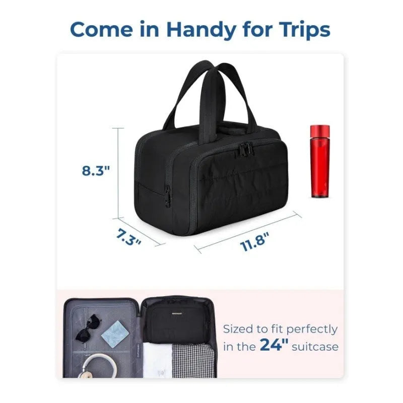 Open large travel toiletry bag in polyester showing wide opening and modern style.
