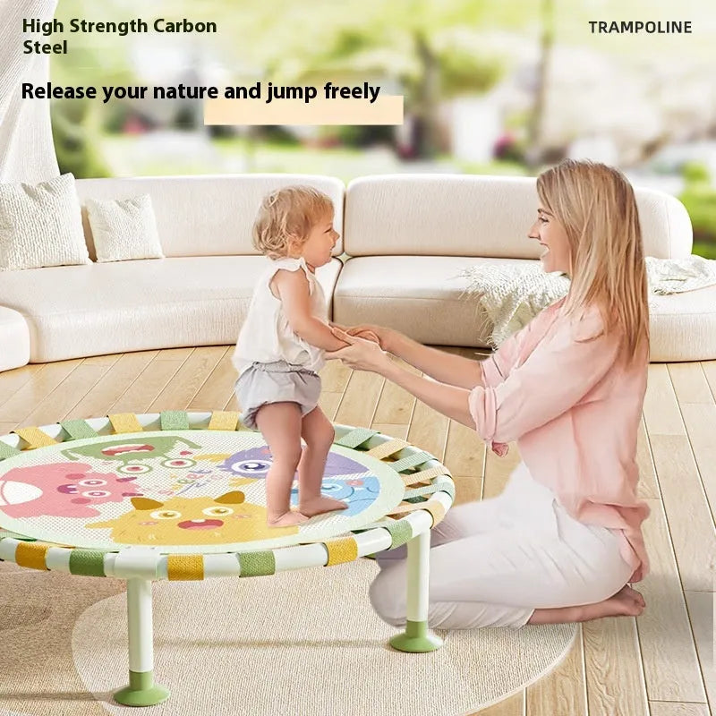 Foldable children's indoor trampoline with alloy frame and Little Monster Park shape, one bounce bed included