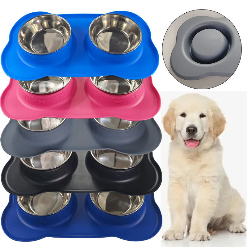 Large double dog bowl silicone mat set in chosen colour with stainless steel bowls