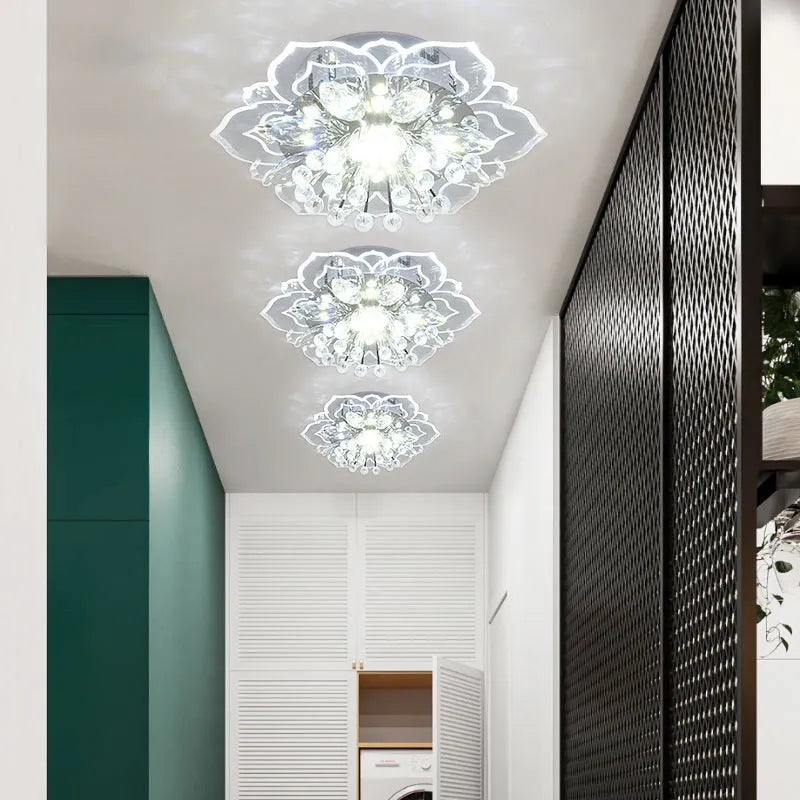 Modern flower-shaped crystal and acrylic ceiling lamp with stainless steel fittings.