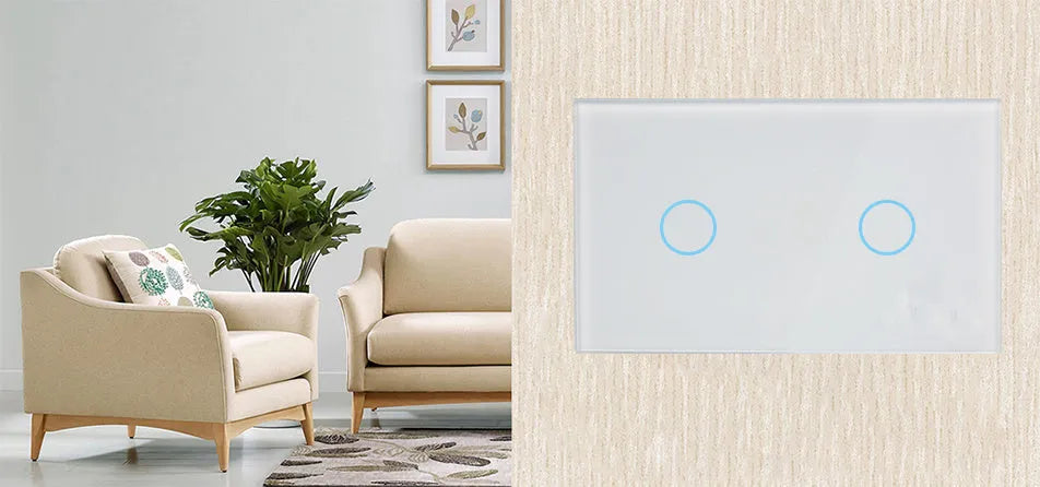 A white 2-gang touch light switch with a tempered glass panel and blue LED indicator light.