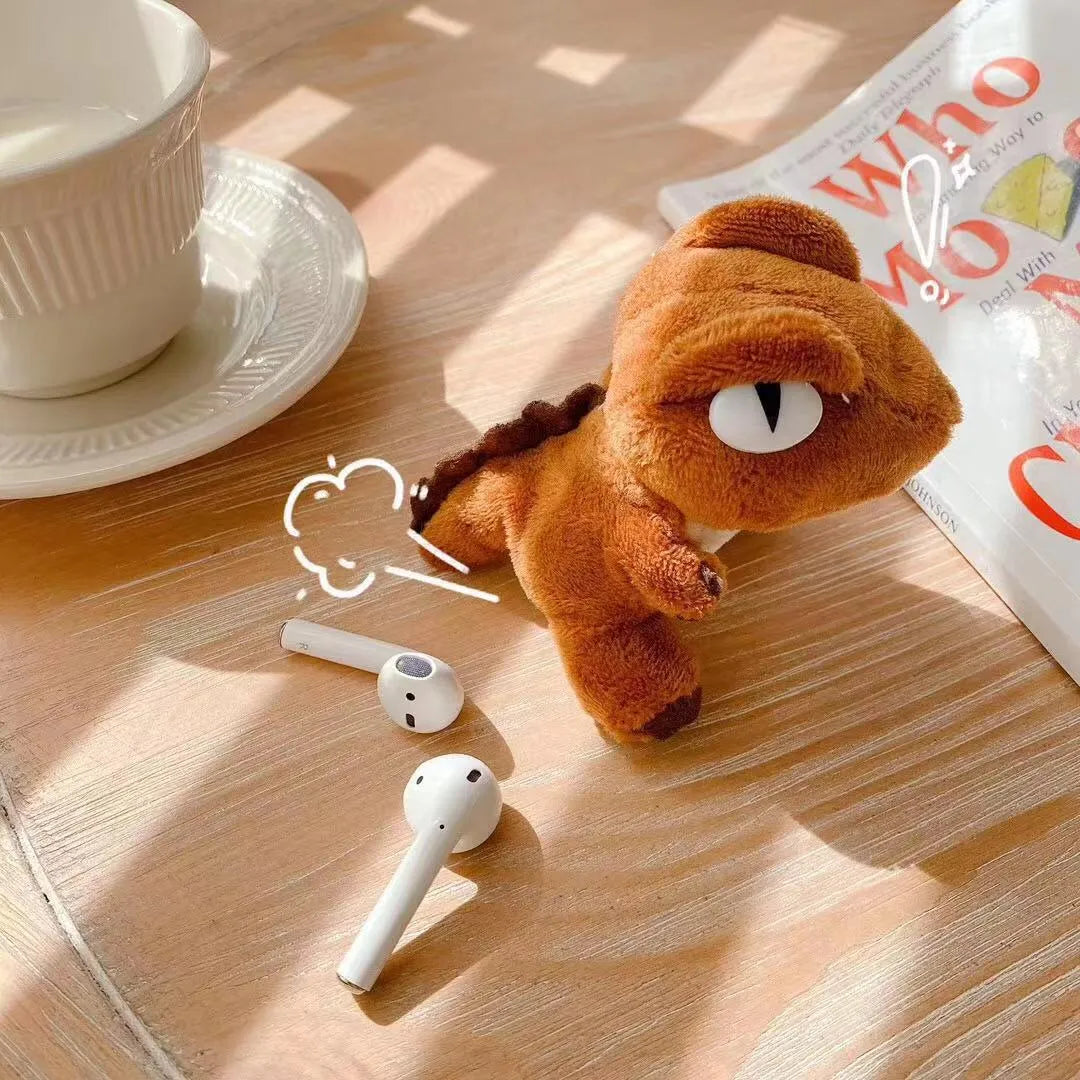 Plush dinosaur doll earphone protective cover for AirPods case in brown colour, soft shockproof storage