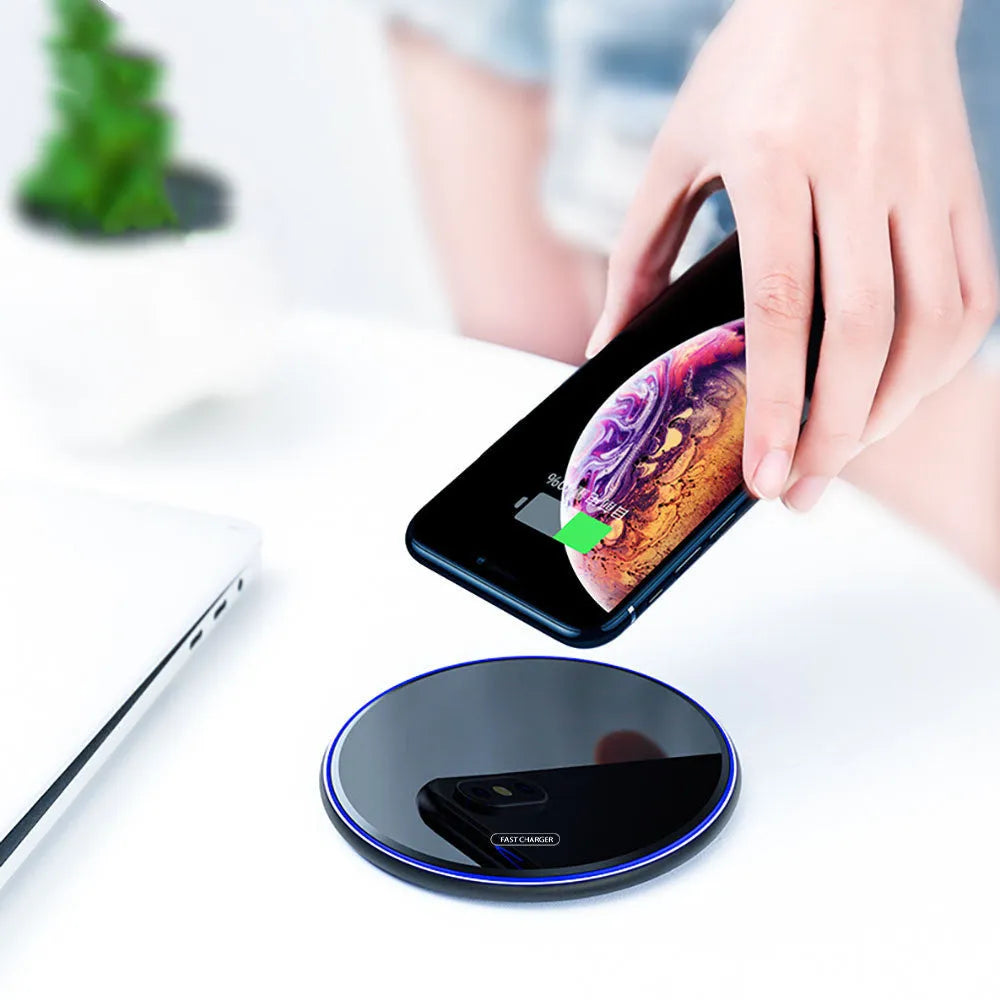 FDGAO Metal Qi Wireless Charger circular 100mm x 6mm pad in black or white aluminium alloy and ABS with Micro USB cable