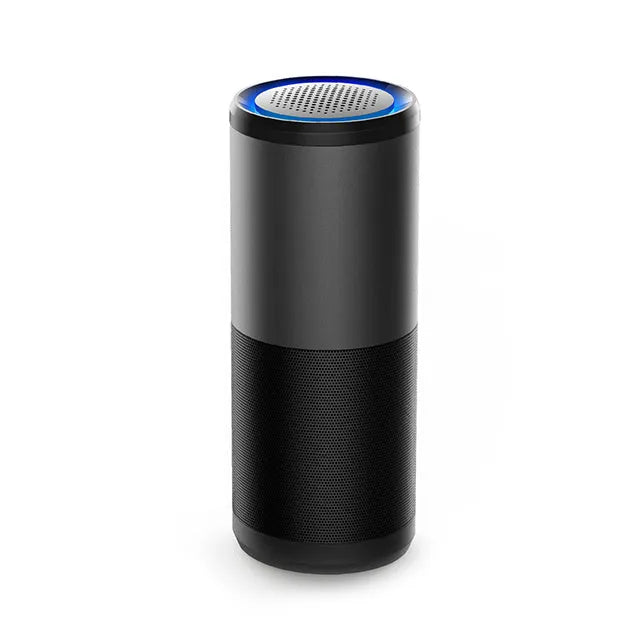 Black portable mini car air purifier with smart sensor display measuring 6.2 by 17.2 centimetres