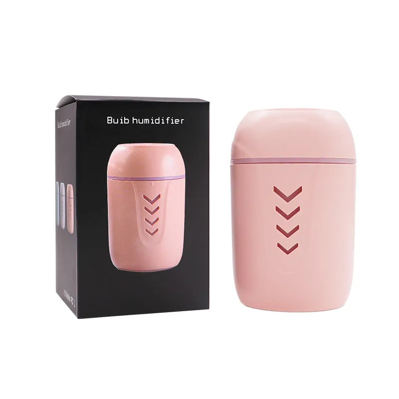 Blue columnar portable car humidifier with USB cable and 200ml water tank.