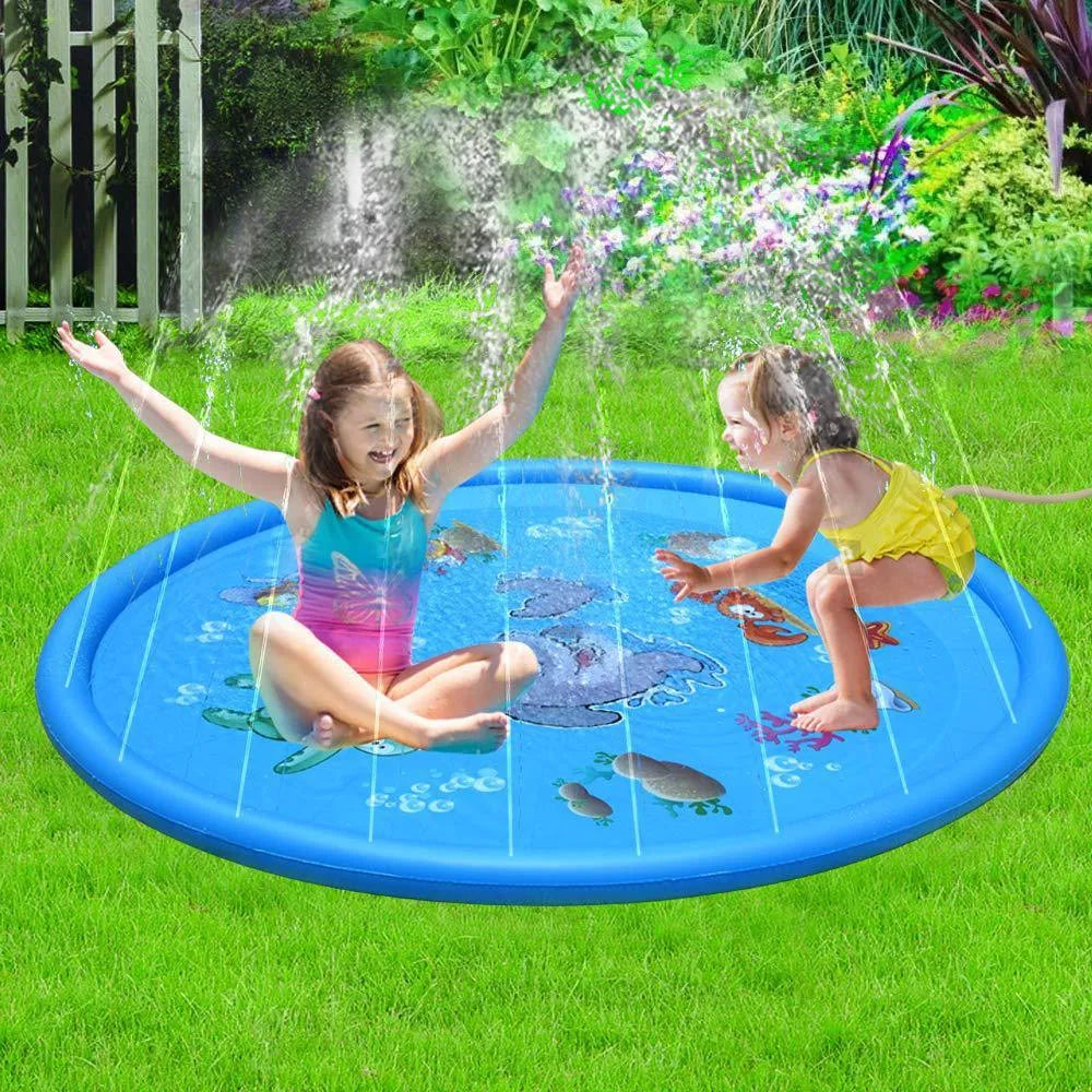 Blue PVC children's water spray play mat with marine animal graphics, measuring 100cm by 170cm