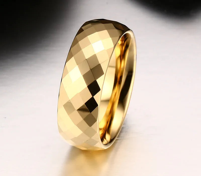 Men's tungsten steel ring in gold colour, available in sizes 7 to 13, shown on a neutral background